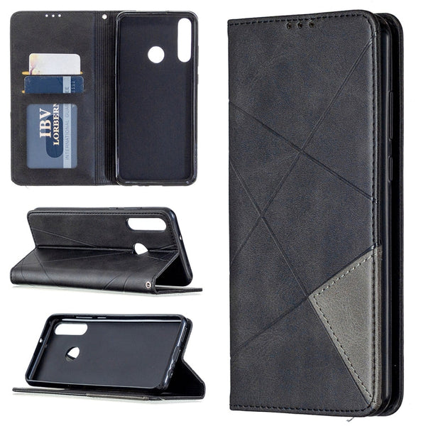 For Huawei Y6p Rhombus Texture Horizontal Flip Magnetic Leather Case with Holder & Card Slots & Wallet(Black)