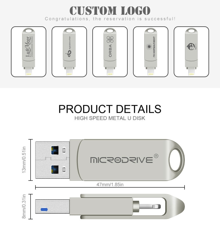 MicroDrive 2 In 1 8 Pin + USB 2.0 Portable Metal USB Flash Disk, Capacity:32GB(Silver)