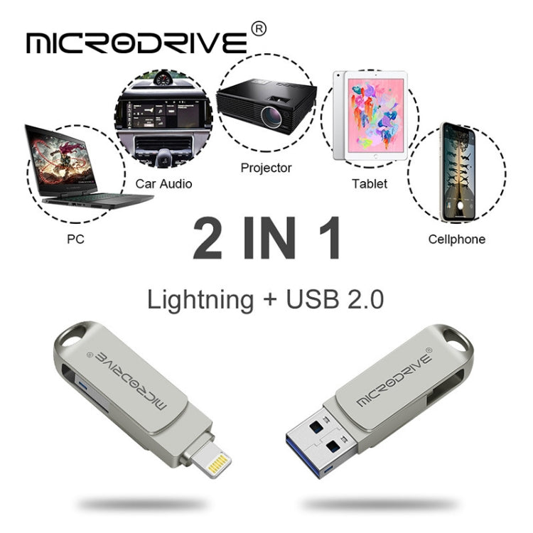 MicroDrive 2 In 1 8 Pin + USB 2.0 Portable Metal USB Flash Disk, Capacity:32GB(Silver)