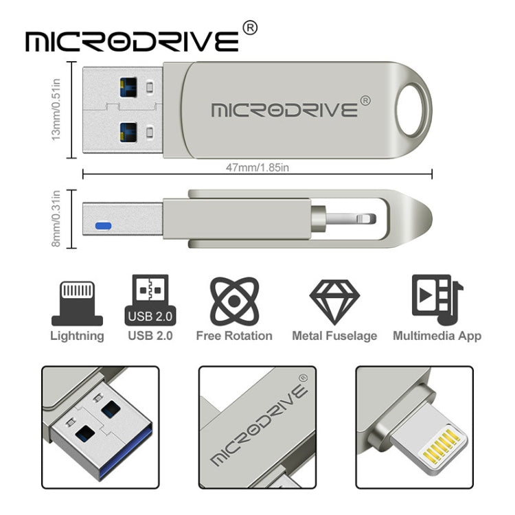 MicroDrive 2 In 1 8 Pin + USB 2.0 Portable Metal USB Flash Disk, Capacity:128GB(Silver)