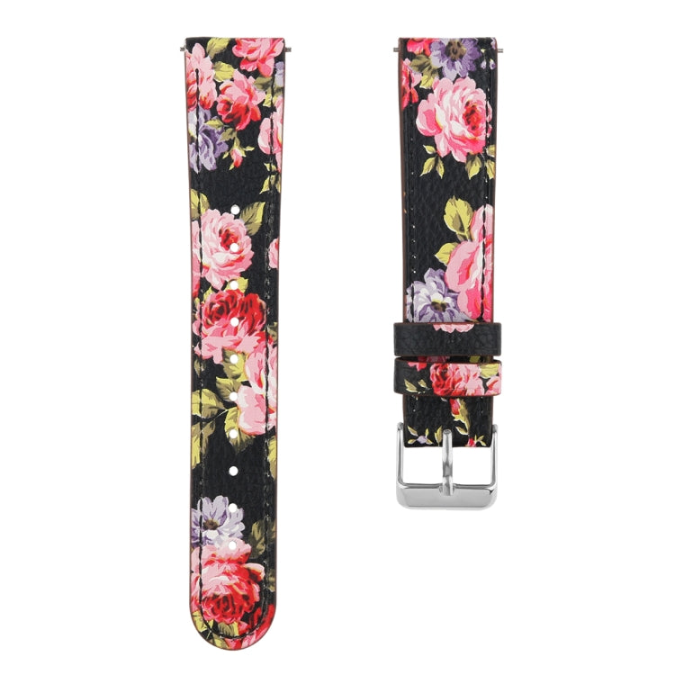 For Fitbit Versa 2 / Fitbit Versa / Fitbit Versa Lite Leather Watch Band with Round Tail Buckle(Black Skin Pink Flower)