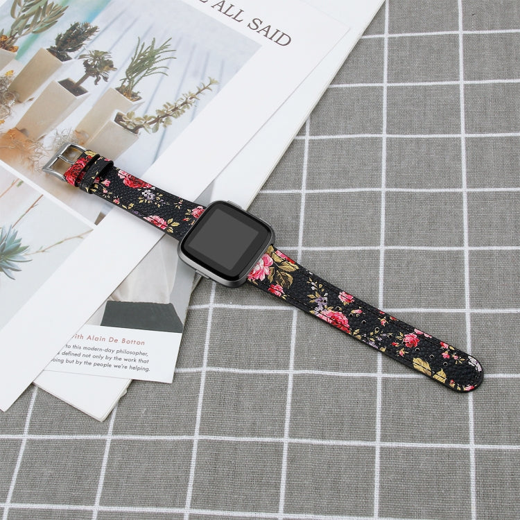 For Fitbit Versa 2 / Fitbit Versa / Fitbit Versa Lite Leather Watch Band with Round Tail Buckle(Black Skin Pink Flower)