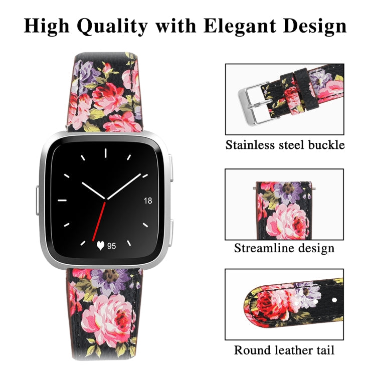 For Fitbit Versa 2 / Fitbit Versa / Fitbit Versa Lite Leather Watch Band with Round Tail Buckle(Black Skin Pink Flower)
