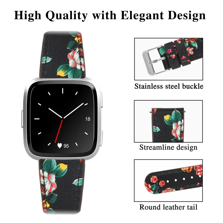 For Fitbit Versa 2 / Fitbit Versa / Fitbit Versa Lite Leather Watch Band with Round Tail Buckle(Black Safflower)