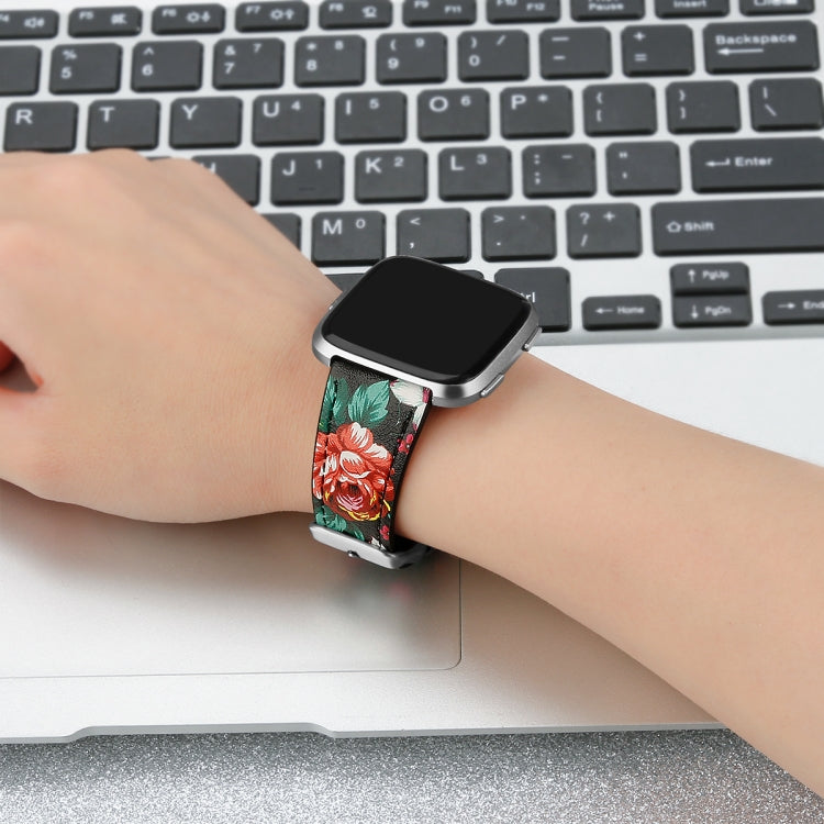 For Fitbit Versa 2 / Fitbit Versa / Fitbit Versa Lite Leather Watch Band with Round Tail Buckle(Black Safflower)