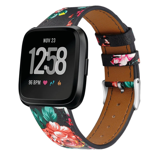 For Fitbit Versa 2 / Fitbit Versa / Fitbit Versa Lite Leather Watch Band with Round Tail Buckle(Black Safflower)