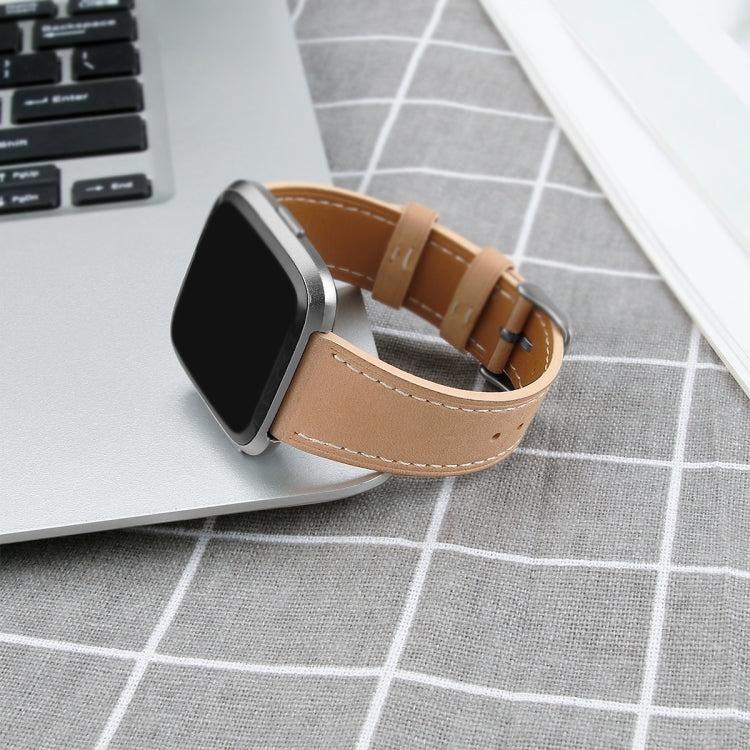 For Fitbit Versa 2 / Fitbit Versa / Fitbit Versa Lite Leather Watch Band with Round Tail Buckle(Apricot)