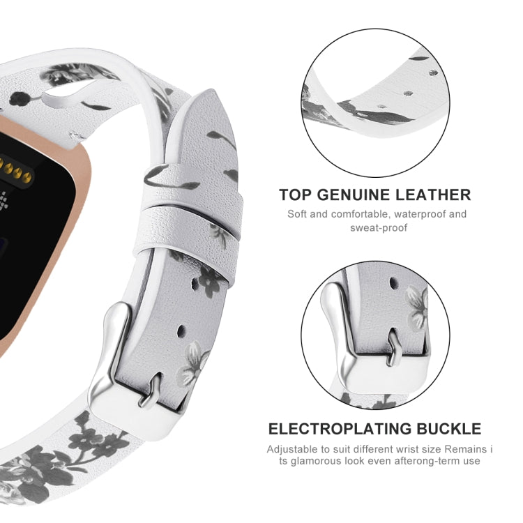 For Fitbit Versa 2 Leather Middle Opening Watch Band(White Ash Flower)