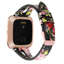 For Fitbit Versa 2 Leather Middle Opening Watch Band(Black Pink Flower)