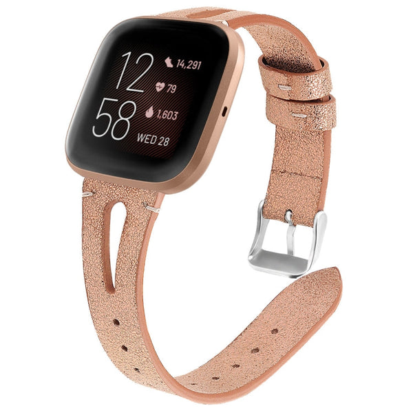 For Fitbit Versa 2 Leather Middle Opening Watch Band(Champagne Gold)