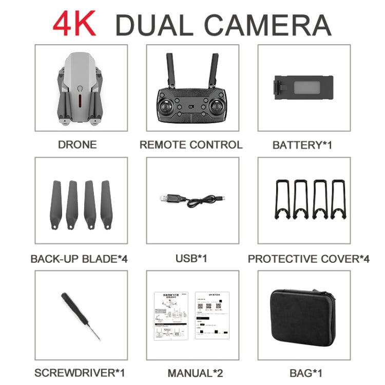 E88 4K Switchable Dual Camera Foldable RC Quadcopter Drone Remote Control Aircraft(Gray)