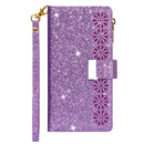 For iPhone 11 Pro Max Multi-card Slots Starry Sky Laser Carving Glitter Zipper Horizontal Flip Leather Case with Holder & Wallet & Lanyard(Purple)