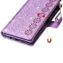 For iPhone 11 Pro Max Multi-card Slots Starry Sky Laser Carving Glitter Zipper Horizontal Flip Leather Case with Holder & Wallet & Lanyard(Purple)