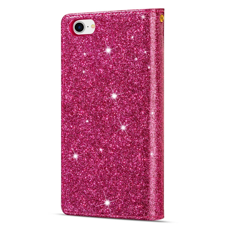 For iPhone SE 2022 / SE 2020 / 8 / 7 Multi-card Slots Starry Sky Laser Carving Glitter Zipper Horizontal Flip Leather Case with Holder & Wallet & Lanyard(Rose Red)