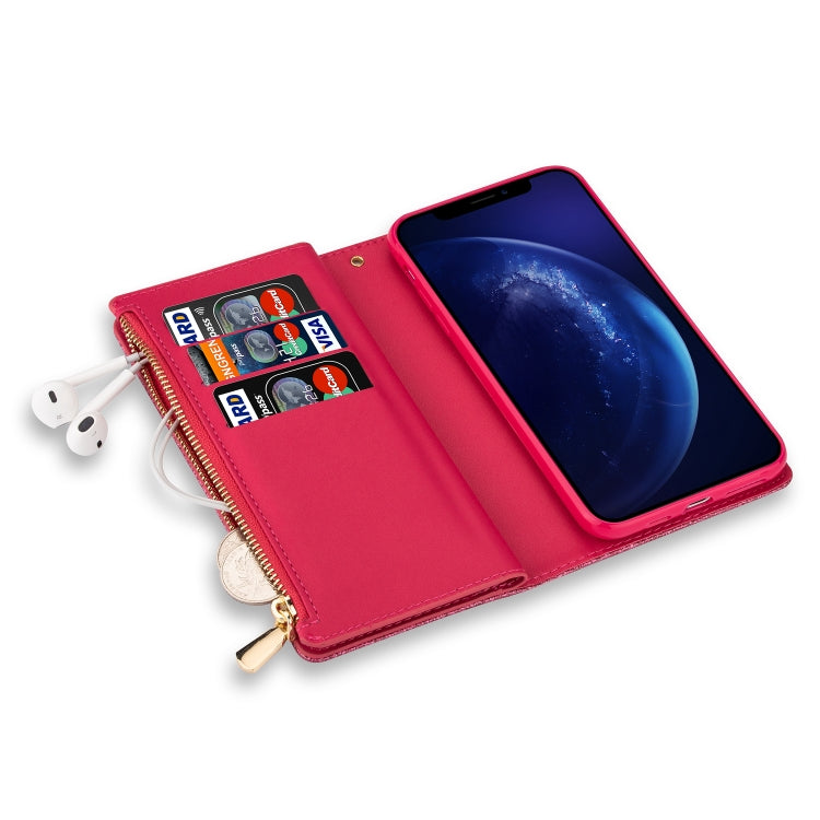 For iPhone SE 2022 / SE 2020 / 8 / 7 Multi-card Slots Starry Sky Laser Carving Glitter Zipper Horizontal Flip Leather Case with Holder & Wallet & Lanyard(Rose Red)