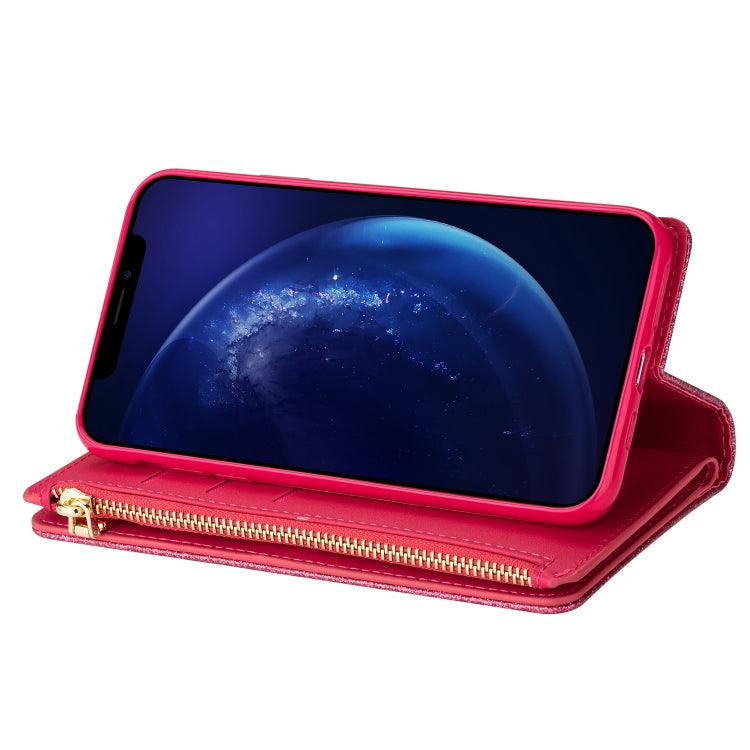 For iPhone SE 2022 / SE 2020 / 8 / 7 Multi-card Slots Starry Sky Laser Carving Glitter Zipper Horizontal Flip Leather Case with Holder & Wallet & Lanyard(Rose Red)
