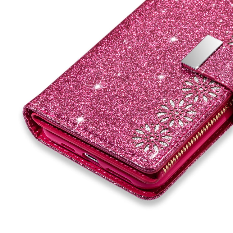 For iPhone SE 2022 / SE 2020 / 8 / 7 Multi-card Slots Starry Sky Laser Carving Glitter Zipper Horizontal Flip Leather Case with Holder & Wallet & Lanyard(Rose Red)