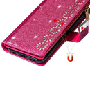 For iPhone SE 2022 / SE 2020 / 8 / 7 Multi-card Slots Starry Sky Laser Carving Glitter Zipper Horizontal Flip Leather Case with Holder & Wallet & Lanyard(Rose Red)