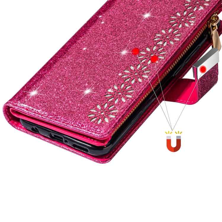 For iPhone SE 2022 / SE 2020 / 8 / 7 Multi-card Slots Starry Sky Laser Carving Glitter Zipper Horizontal Flip Leather Case with Holder & Wallet & Lanyard(Rose Red)
