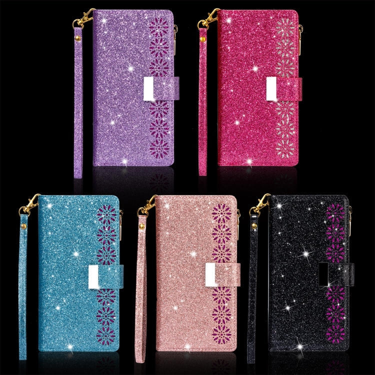 For iPhone SE 2022 / SE 2020 / 8 / 7 Multi-card Slots Starry Sky Laser Carving Glitter Zipper Horizontal Flip Leather Case with Holder & Wallet & Lanyard(Rose Red)