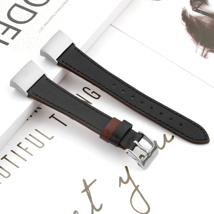 For Fitbit Charge 4 / 3 Top-grain Leather + 316L Stainless Steel Watch Band, Size:Small Code(Black)