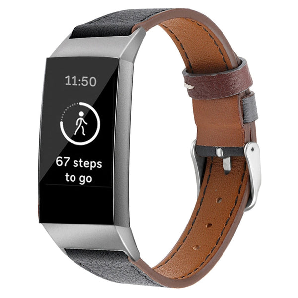 For Fitbit Charge 4 / 3 Top-grain Leather + 316L Stainless Steel Watch Band, Size:Small Code(Black)