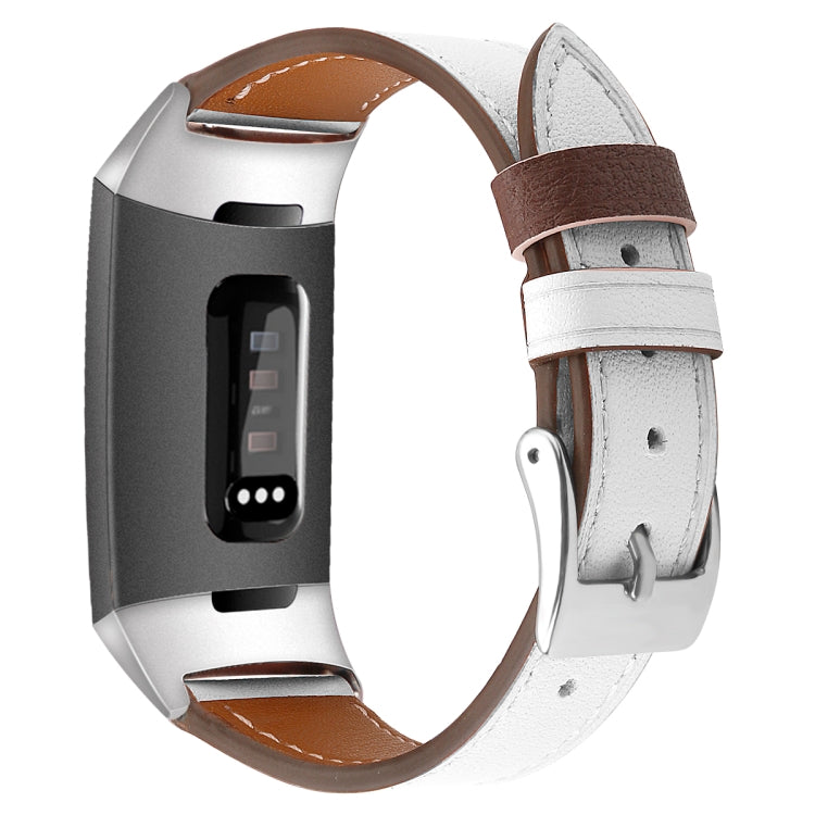 For Fitbit Charge 4 / 3 Top-grain Leather + 316L Stainless Steel Watch Band, Size:Small Code(White)