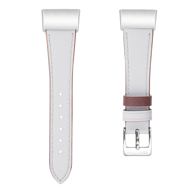 For Fitbit Charge 4 / 3 Top-grain Leather + 316L Stainless Steel Watch Band, Size:Small Code(White)