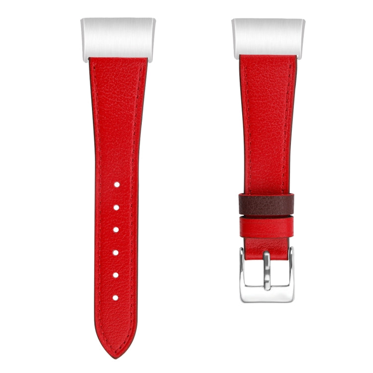 For Fitbit Charge 4 / 3 Top-grain Leather + 316L Stainless Steel Watch Band, Size:Small Code(Red)