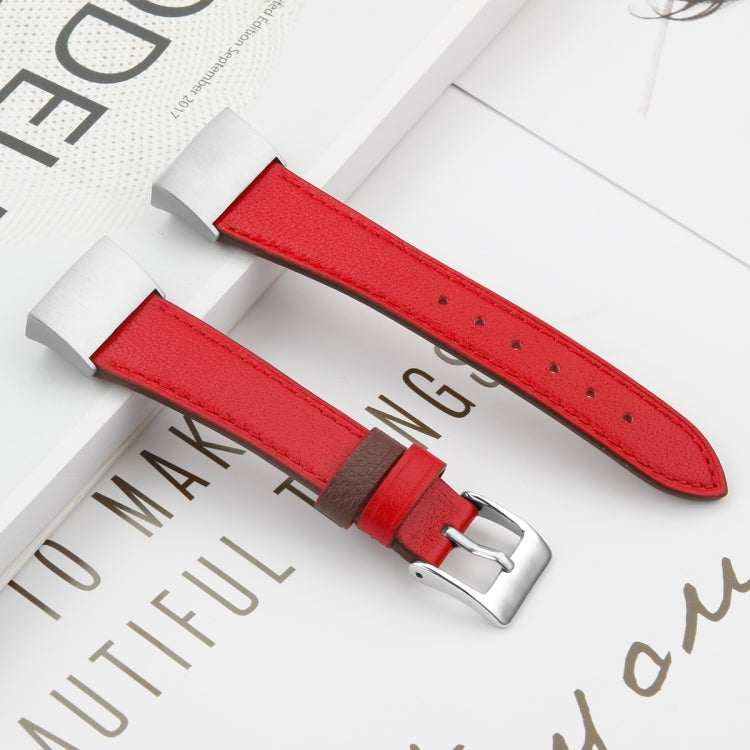 For Fitbit Charge 4 / 3 Top-grain Leather + 316L Stainless Steel Watch Band, Size:Small Code(Red)