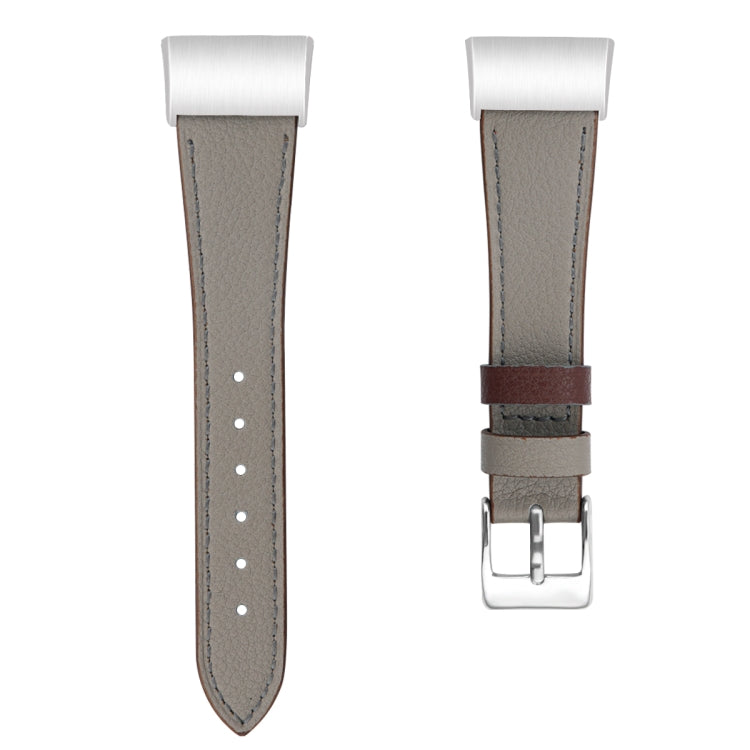 For Fitbit Charge 4 / 3 Top-grain Leather + 316L Stainless Steel Watch Band, Size:Small Code(Light Gray)