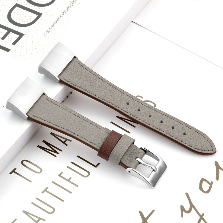 For Fitbit Charge 4 / 3 Top-grain Leather + 316L Stainless Steel Watch Band, Size:Small Code(Light Gray)