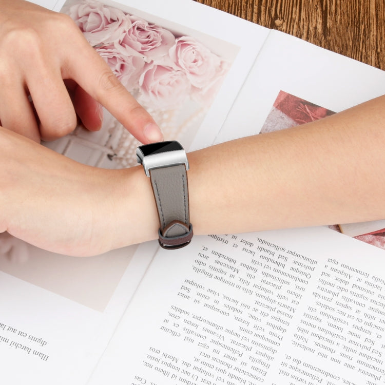 For Fitbit Charge 4 / 3 Top-grain Leather + 316L Stainless Steel Watch Band, Size:Small Code(Light Gray)