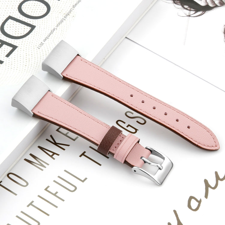 For Fitbit Charge 4 / 3 Top-grain Leather + 316L Stainless Steel Watch Band, Size:Small Code(Pink)