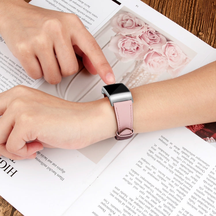 For Fitbit Charge 4 / 3 Top-grain Leather + 316L Stainless Steel Watch Band, Size:Small Code(Pink)