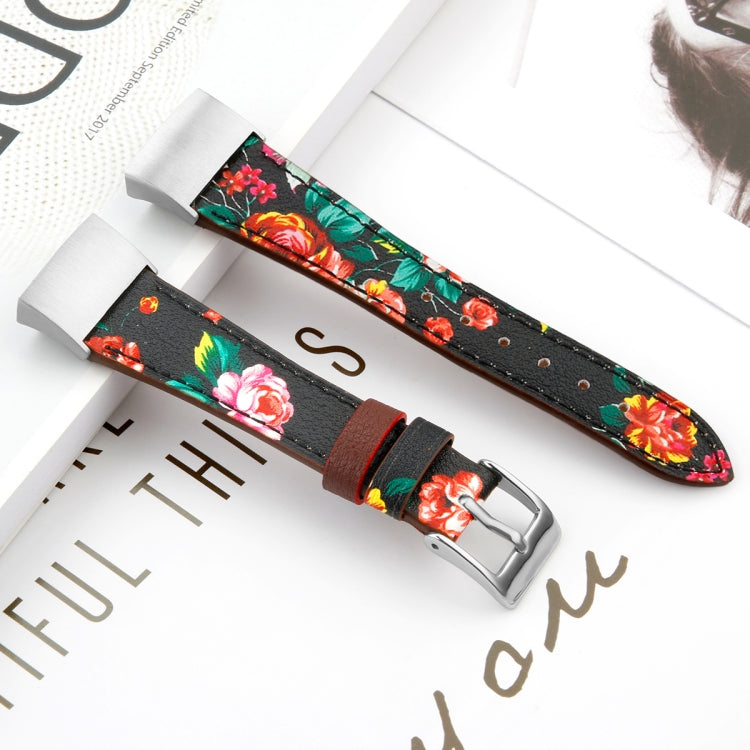 For Fitbit Charge 4 / 3 Top-grain Leather + 316L Stainless Steel Watch Band, Size:Small Code(Safflower)