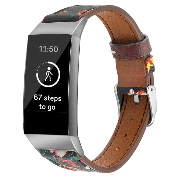 For Fitbit Charge 4 / 3 Top-grain Leather + 316L Stainless Steel Watch Band, Size:Small Code(Safflower)