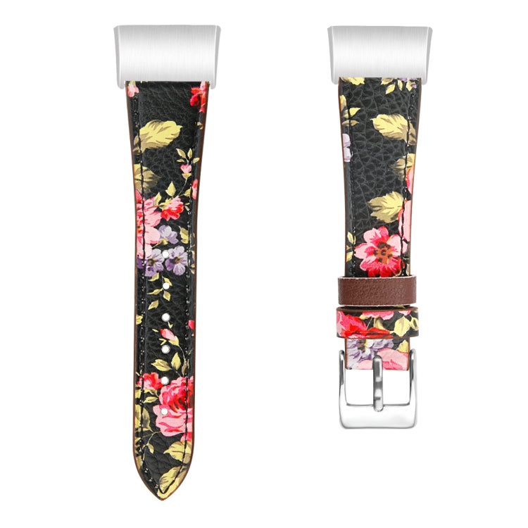 For Fitbit Charge 4 / 3 Top-grain Leather + 316L Stainless Steel Watch Band, Size:Small Code(Pink Flower)