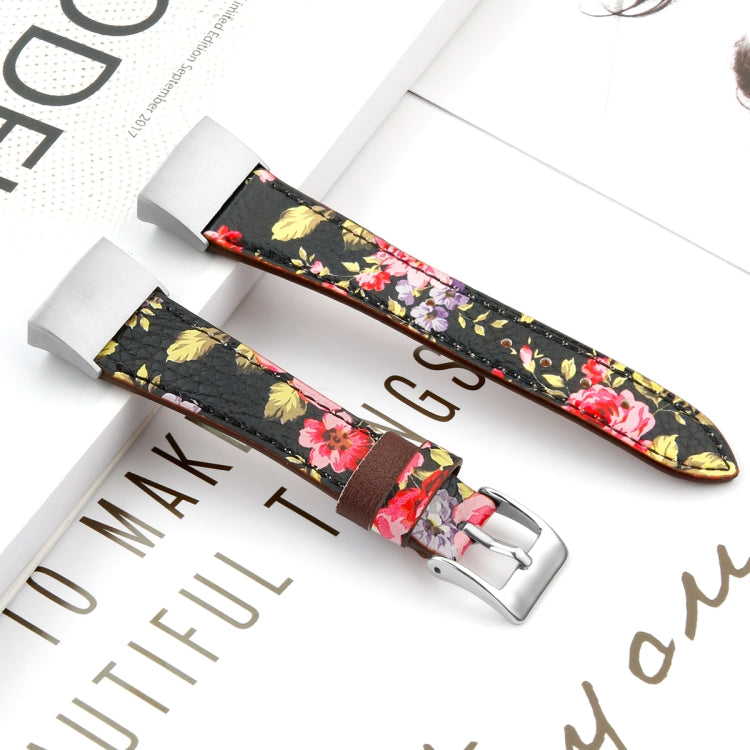 For Fitbit Charge 4 / 3 Top-grain Leather + 316L Stainless Steel Watch Band, Size:Small Code(Pink Flower)
