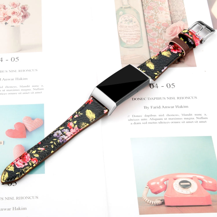 For Fitbit Charge 4 / 3 Top-grain Leather + 316L Stainless Steel Watch Band, Size:Small Code(Pink Flower)