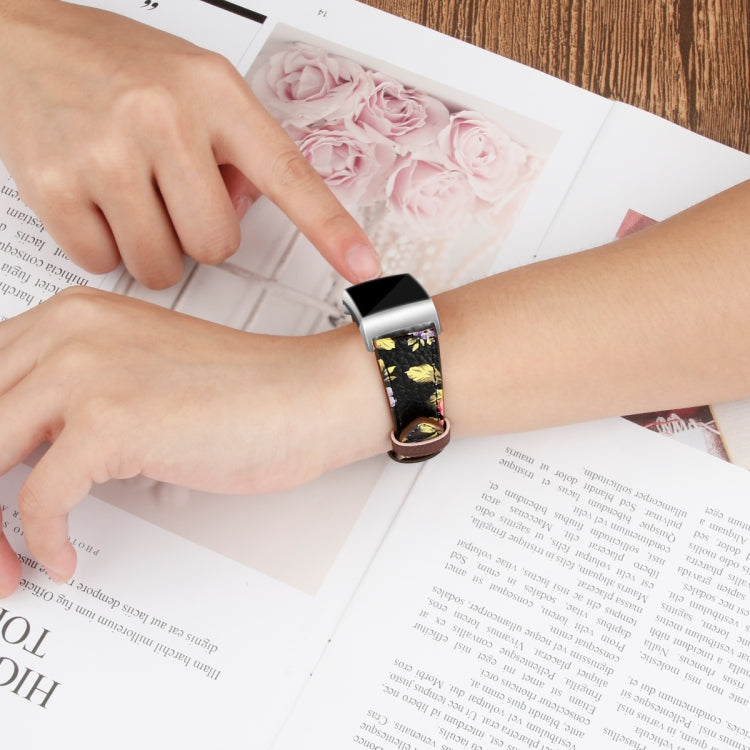 For Fitbit Charge 4 / 3 Top-grain Leather + 316L Stainless Steel Watch Band, Size:Small Code(Pink Flower)