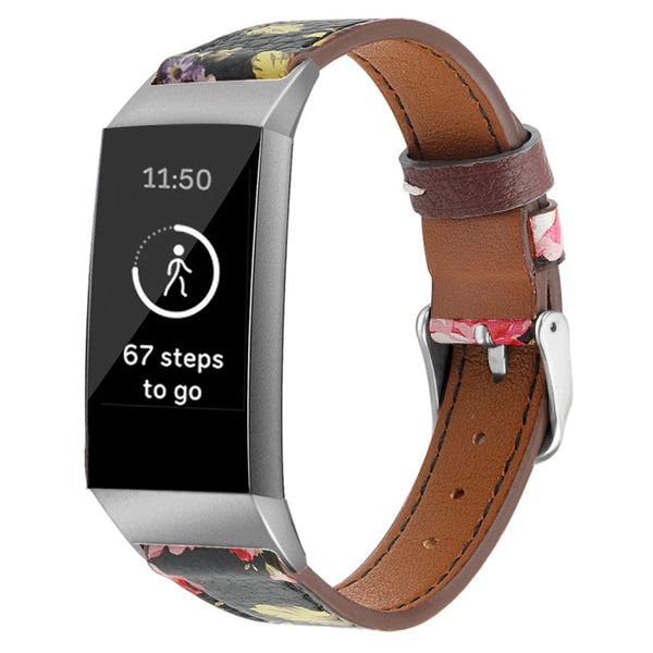 For Fitbit Charge 4 / 3 Top-grain Leather + 316L Stainless Steel Watch Band, Size:Small Code(Pink Flower)