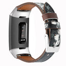 For Fitbit Charge 4 / 3 Top-grain Leather + 316L Stainless Steel Watch Band, Size:Small Code(Grey Flower)