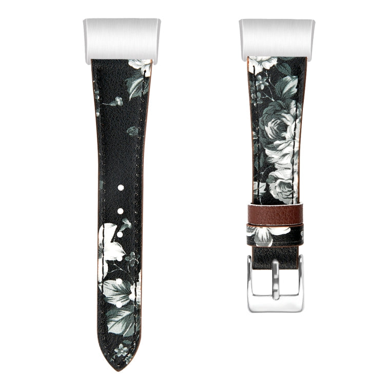 For Fitbit Charge 4 / 3 Top-grain Leather + 316L Stainless Steel Watch Band, Size:Small Code(Grey Flower)
