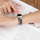 For Fitbit Charge 4 / 3 Top-grain Leather + 316L Stainless Steel Watch Band, Size:Small Code(Grey Flower)