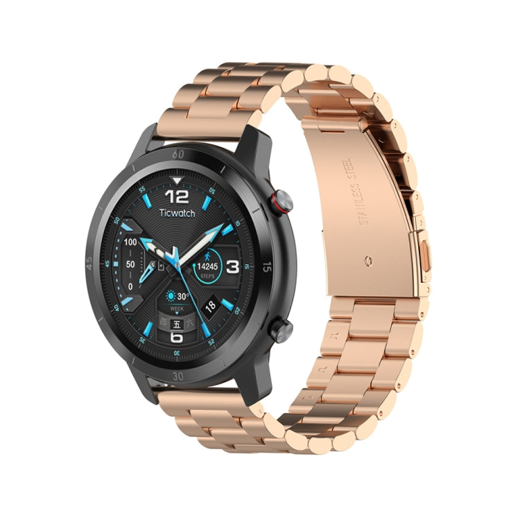 For Ticwatch GTX 22mm Three Buckle Stainless Steel Watch Band(Rose Gold)