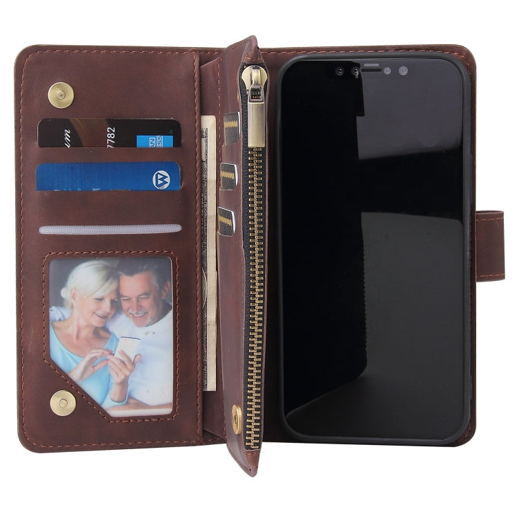 For iPhone 12 / 12 Pro Multifunctional Retro Frosted Horizontal Flip Leather Case with Card Slot & Holder & Zipper Wallet & Photo Frame & Lanyard(Coffee)