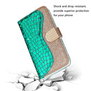 For iPhone 12 / 12 Pro Laser Glitter Powder Matching Crocodile Texture Horizontal Flip Leather Case with Card Slots & Holder & Wallet(Green)