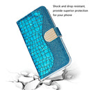 For iPhone 12 / 12 Pro Laser Glitter Powder Matching Crocodile Texture Horizontal Flip Leather Case with Card Slots & Holder & Wallet(Blue)