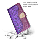 For iPhone 12 / 12 Pro Laser Glitter Powder Matching Crocodile Texture Horizontal Flip Leather Case with Card Slots & Holder & Wallet(Purple)